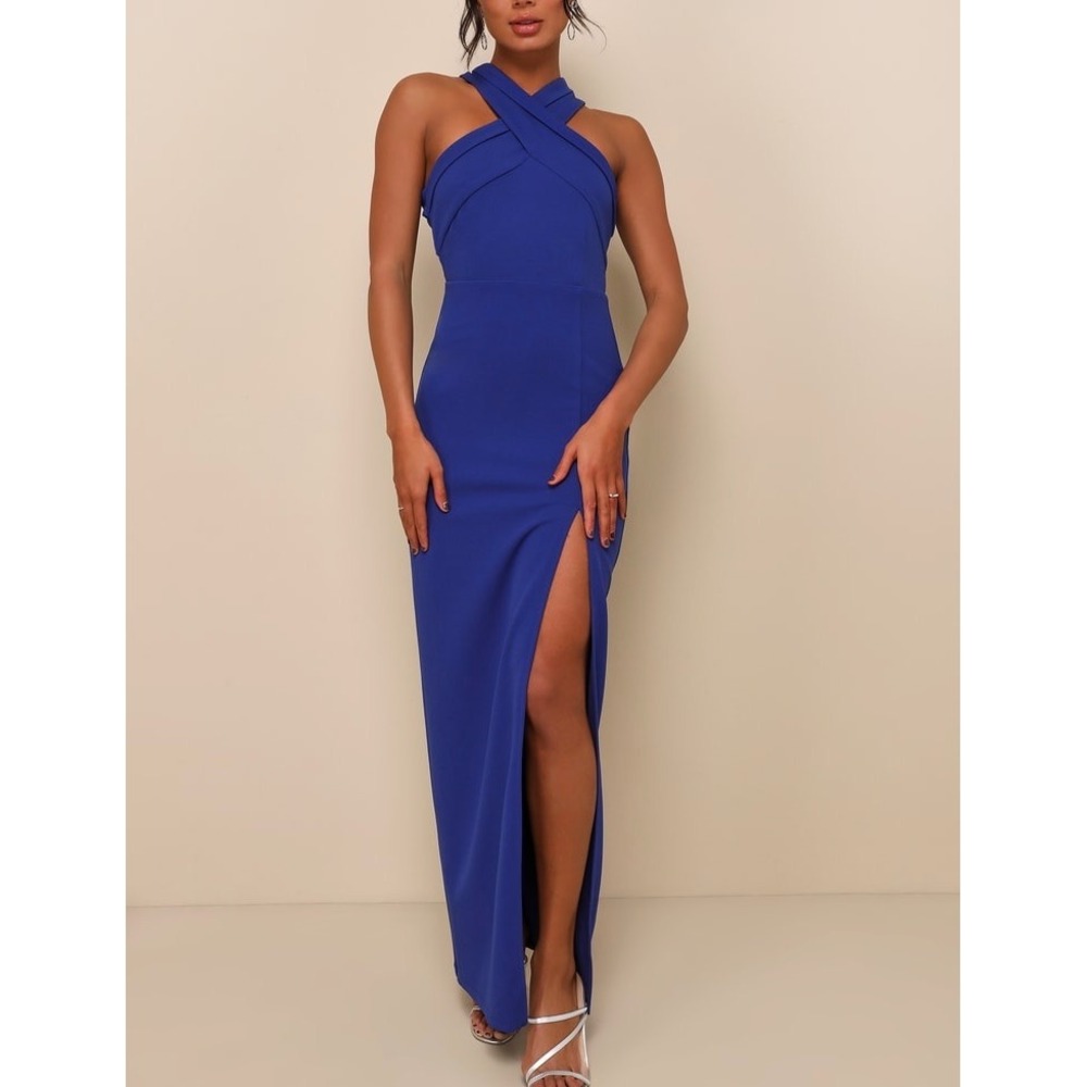 NWT Lulus Head to Cocktail Hour Royal Blue Halter Neck Maxi Dress Formal Gown XS